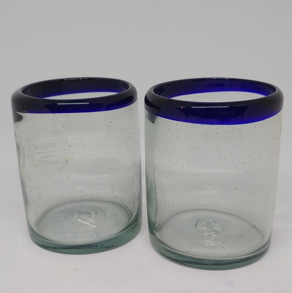 Hand Blown Cobalt Rimmed Recycled Glass Tumbler Glasses